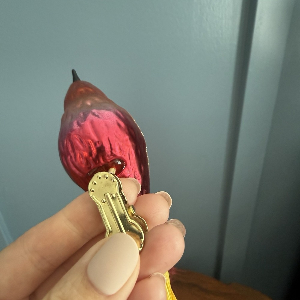 Vintage Glass Clip On Bird Ornaments 4 Cardinal Feather Tail Glitter German F/W - Picture 6 of 11